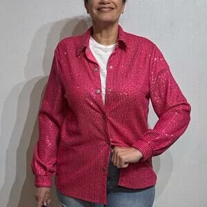 D & M Pink Sequin Snap Front Lightweight Disco Glam Jacket Sz S